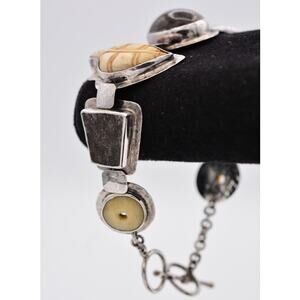 Janice Lee Ripley Bracelet Stone Carved Wood 925 Sterling Silver JLR Signed Bin6